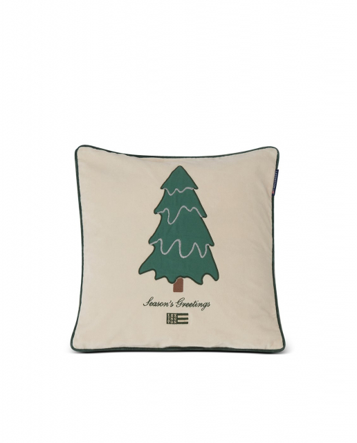 Pine Tree Twill Patch Cotton Velvet Pillow Case - Light Beige/Green