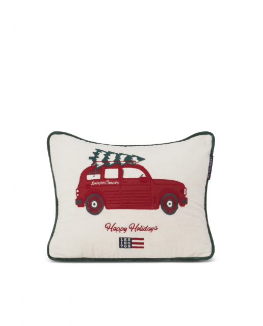 Holiday Car Organic Cotton Velvet Pude Case - White/Red Multi