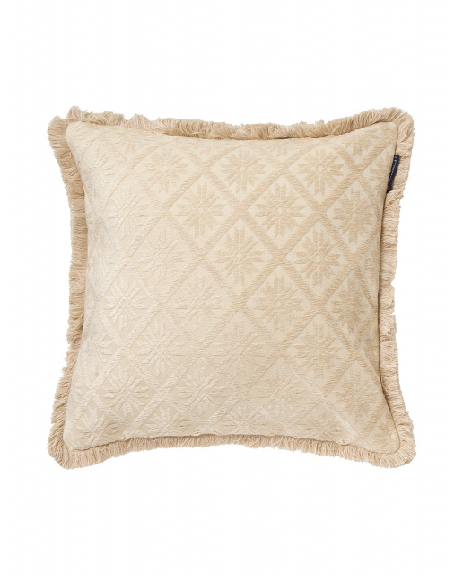 Jacquard pudebetræk med frynser - lys beige