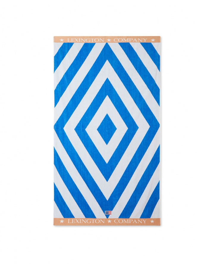 Grafisk bomulds velour strandhåndklæde - blå/hvid/beige i gruppen Indretning / Tekstiler / Håndklæder hos Sommarboden i Höllviken AB (12230292-5603)
