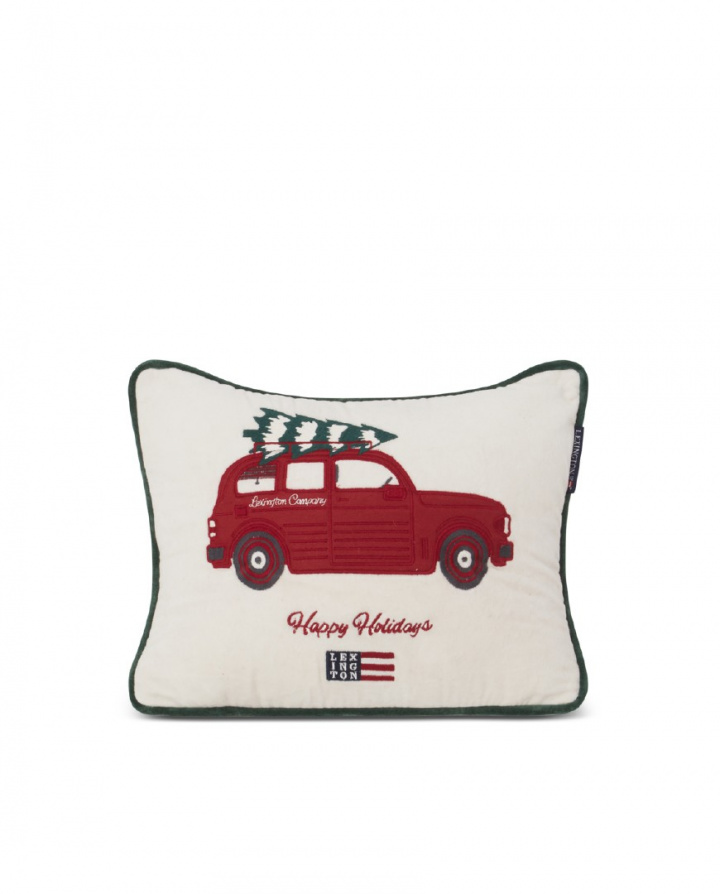 Holiday Car Organic Cotton Velvet Pude Case - White/Red Multi i gruppen Juleting / Christmas dekoration hos Sommarboden i Höllviken AB (12344109-1635)