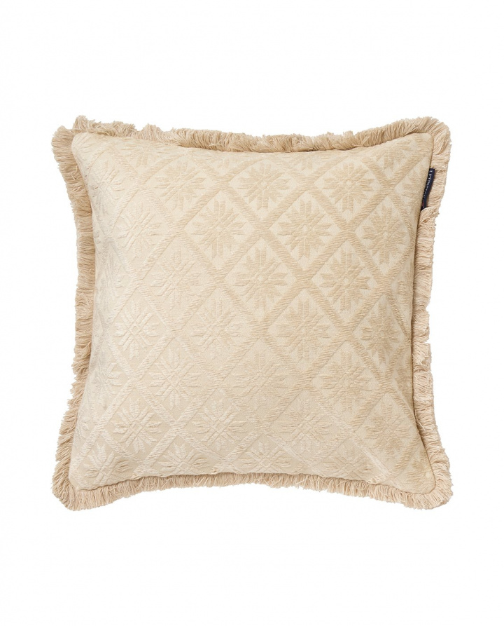 Jacquard pudebetræk med frynser - lys beige i gruppen Indretning / Tekstiler / Puder og tæpper hos Sommarboden i Höllviken AB (12544104-2020)