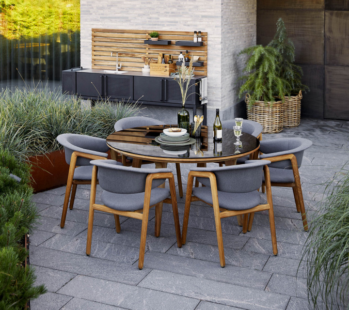 Aspect spisebord Ø 144 H74 cm - teak/flere bordplader i gruppen Udendørs møbler / Bord / Spisebord hos Sommarboden i Höllviken AB (Aspect-bord-144cm-SET)